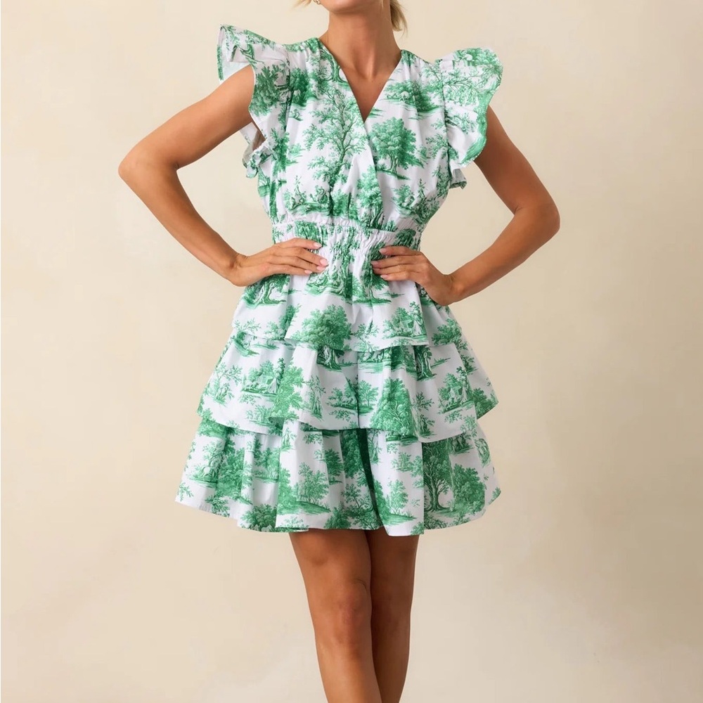 Prosperina Bridget Eden Green Toile Cotton Ruffle Mini Dress